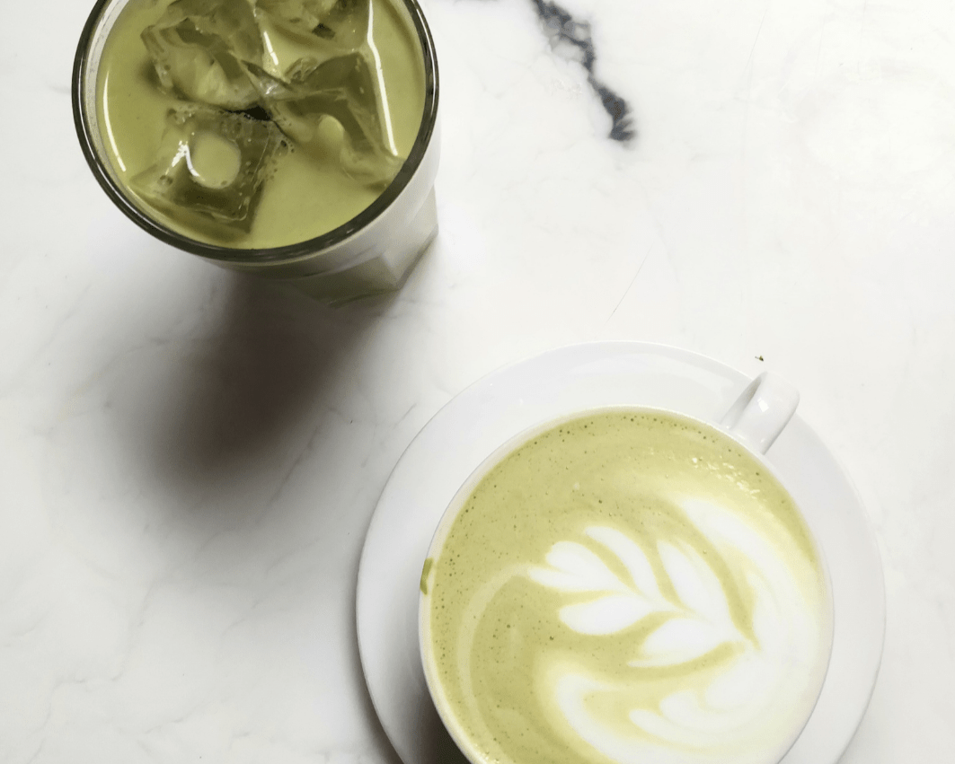 Image showing iced and hot Subluna Cool Girl Matcha drinks with latte art, stocked by Born Primal in Australia