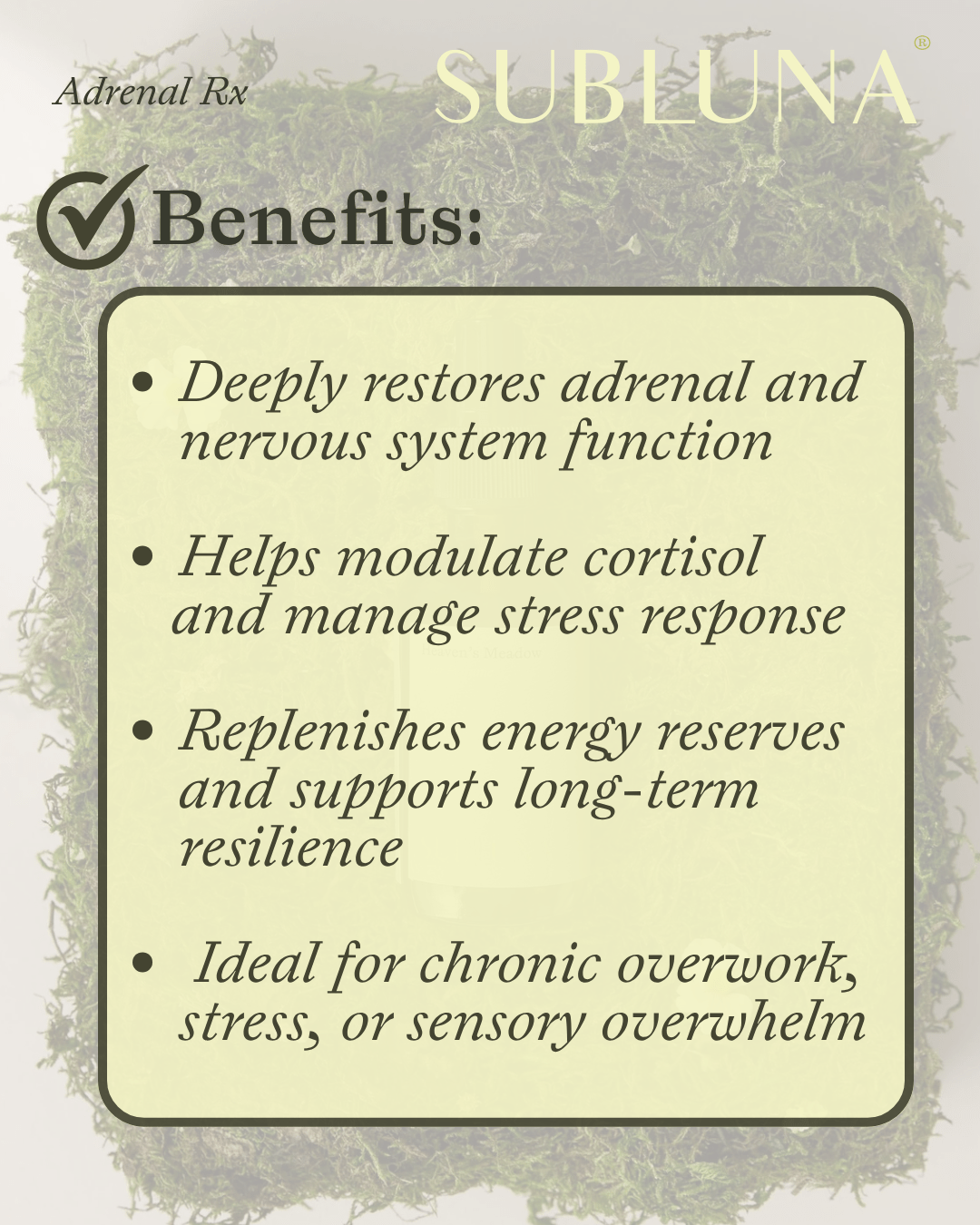 Graphic showing key benefits of Subluna Adrenal RX adrenal and stress support formula, available at Born Primal in Australia