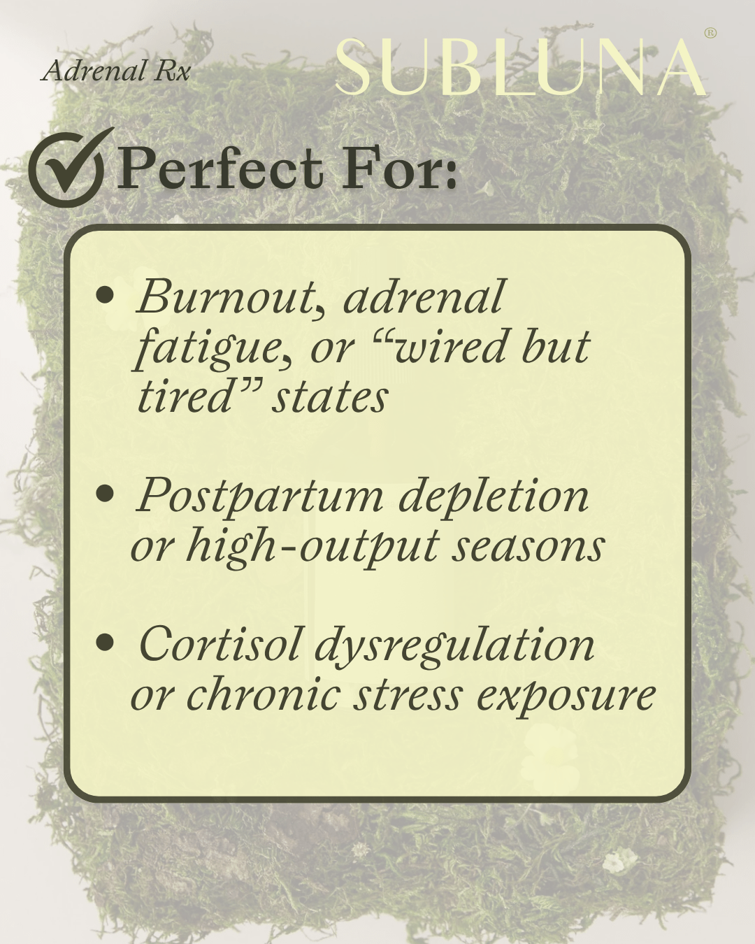 Infographic describing how Subluna Adrenal RX helps with burnout, postpartum fatigue, and cortisol imbalance, from Born Primal in Australia
