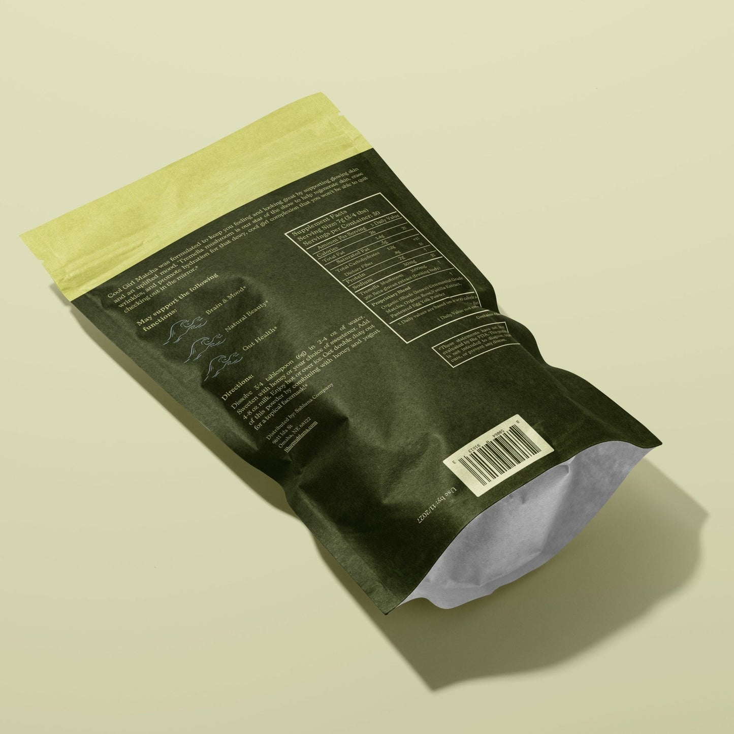 Rear packaging view showing ingredients and supplement facts of Subluna Cool Girl Matcha sold at Born Primal in Australia