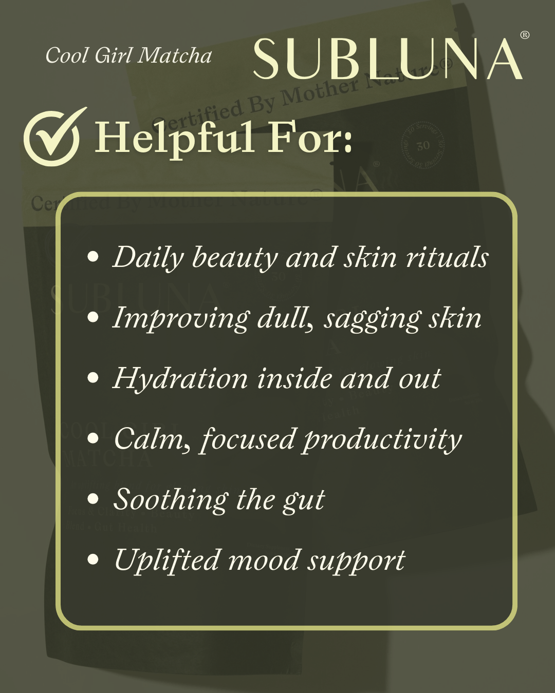 Graphic showing Subluna Cool Girl Matcha supports skin, mood, productivity, and hydration, from Born Primal in Australia