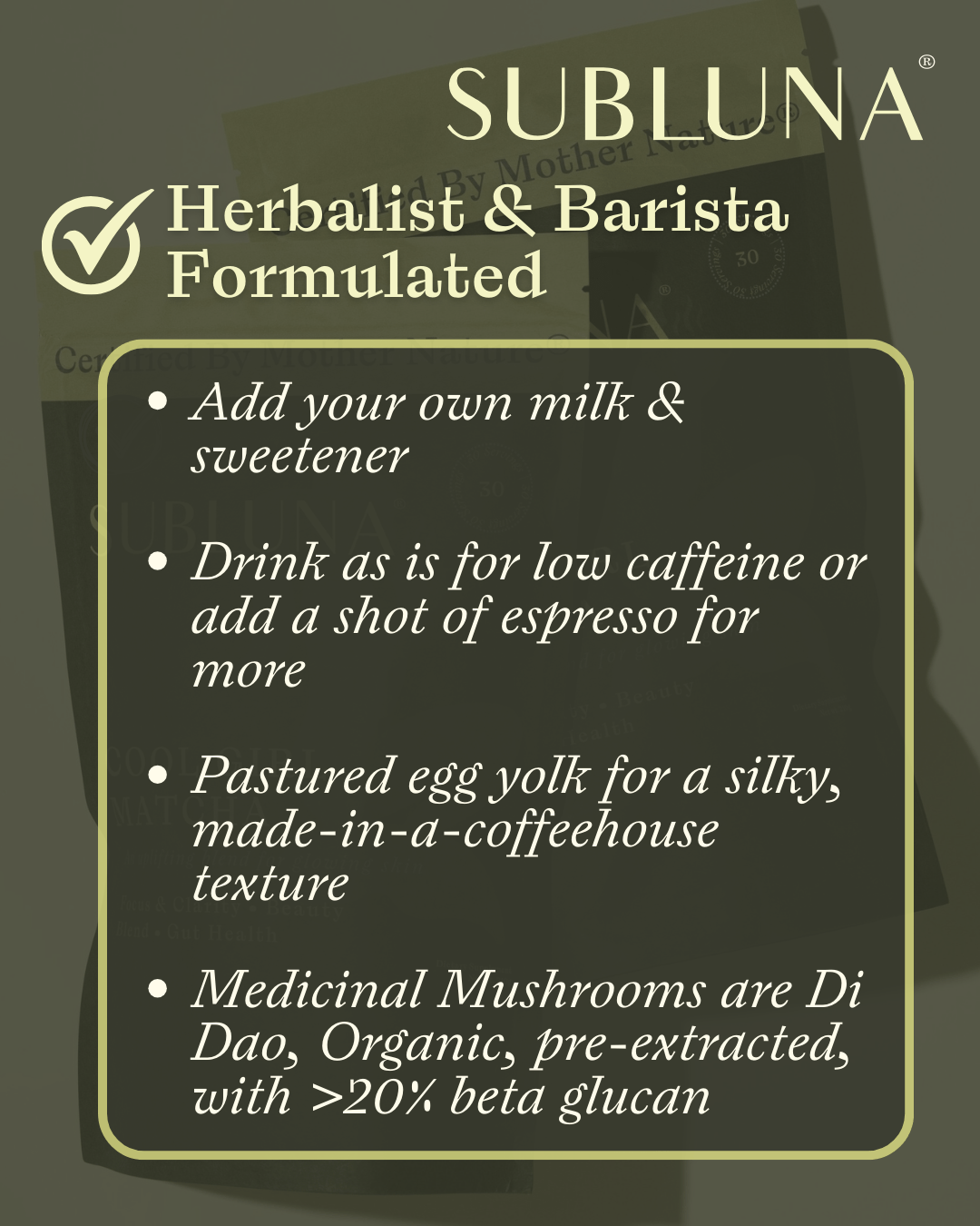 Graphic highlighting Subluna Cool Girl Matcha’s formulation with egg yolk, espresso-friendly, and Di Dao mushrooms, available at Born Primal in Australia