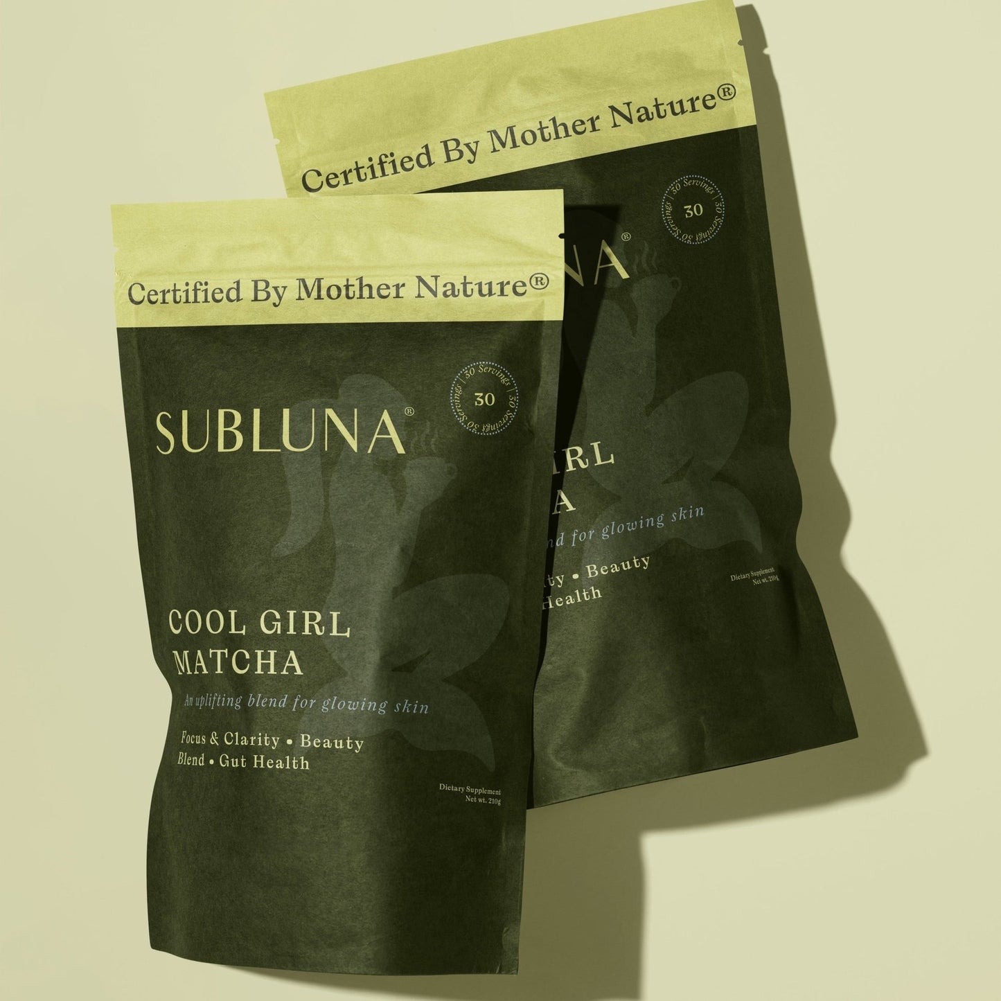 Front view of Subluna Cool Girl Matcha pouch packaging, available to buy from Born Primal in Australia