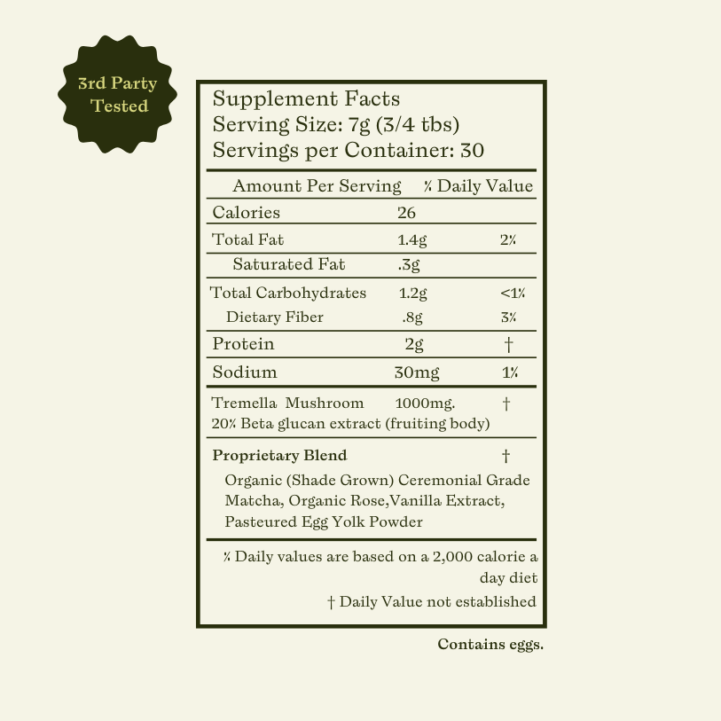 Supplement facts panel of Subluna Cool Girl Matcha showing tremella dosage, matcha blend, and nutritional content