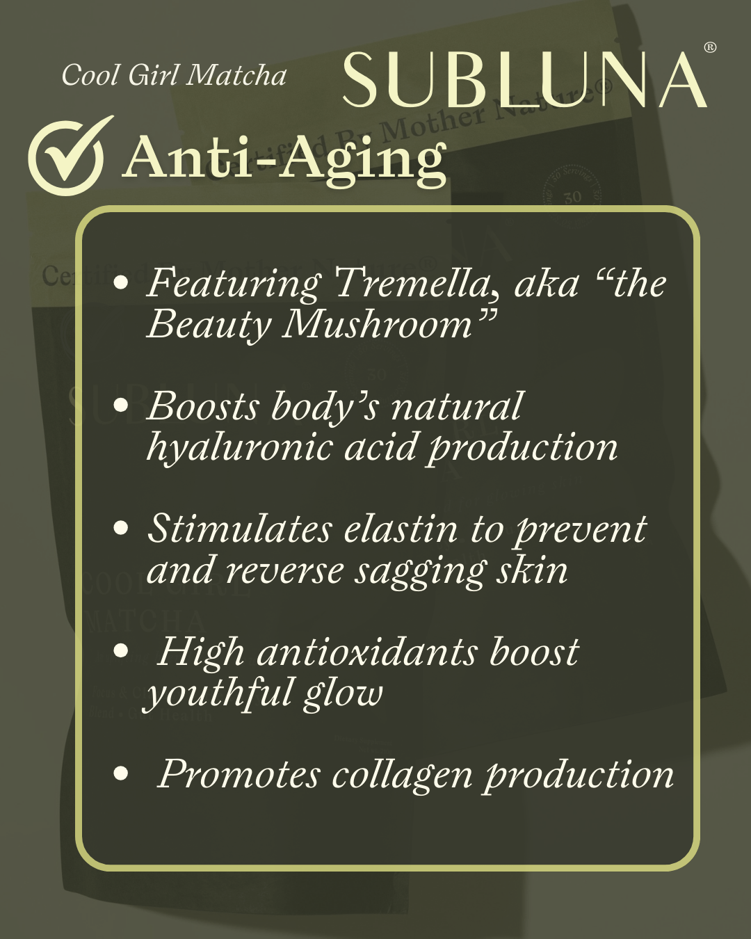 Subluna Cool Girl Matcha graphic explaining tremella’s anti-aging and collagen-boosting benefits, now in stock at Born Primal Australia