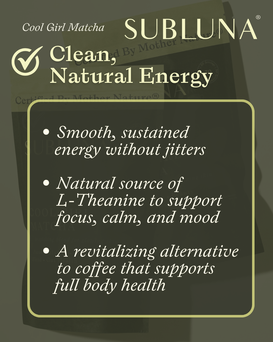 Cool Girl Matcha graphic showing benefits for clean energy and mood support from L-theanine and low caffeine, available from Born Primal Australia