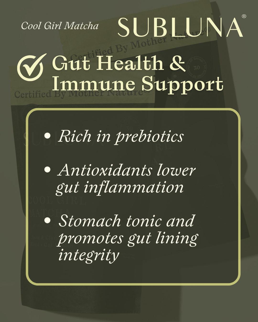 Graphic showing Subluna Cool Girl Matcha’s gut and immune support features including prebiotics and gut lining integrity