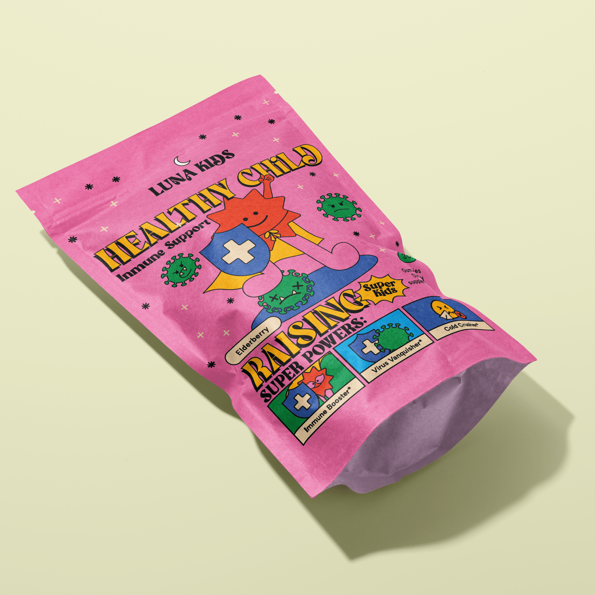 Subluna Healthy Child Immune Support Gummy available in Australia at Born Primal. Front view of the bright pink pouch designed for natural immune support in kids.