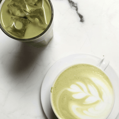 Image showing iced and hot Subluna Cool Girl Matcha drinks with latte art, stocked by Born Primal in Australia