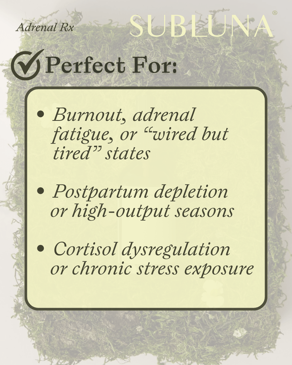 Infographic describing how Subluna Adrenal RX helps with burnout, postpartum fatigue, and cortisol imbalance, from Born Primal in Australia