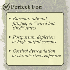 Infographic describing how Subluna Adrenal RX helps with burnout, postpartum fatigue, and cortisol imbalance, from Born Primal in Australia