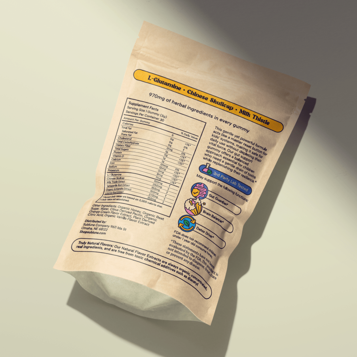 Back view of Subluna Balanced Child gummies showing gut support benefits, available in Australia.