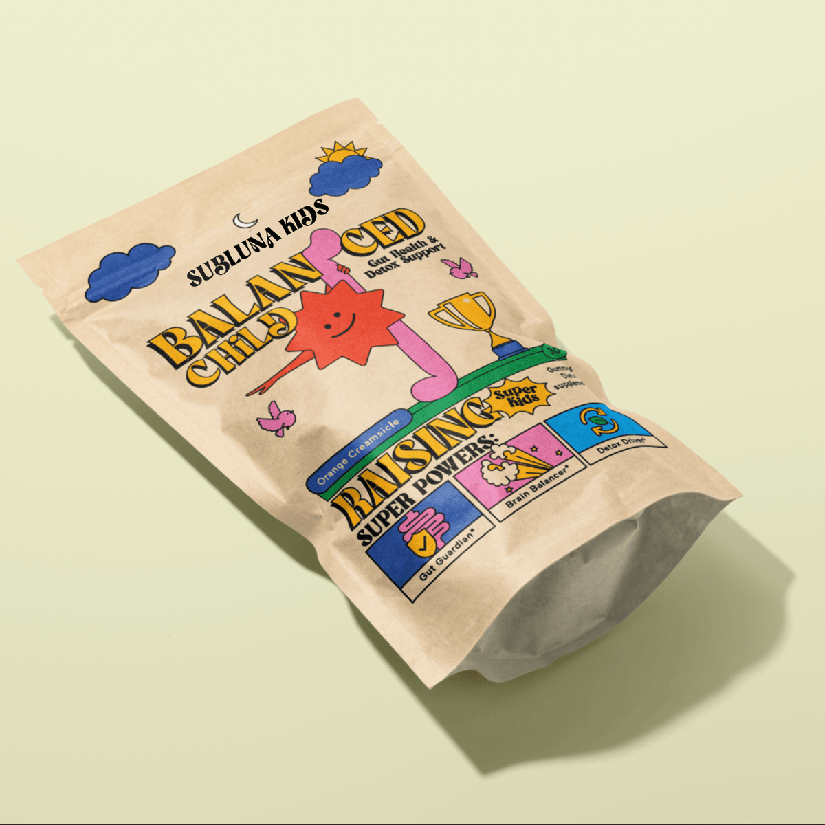 Angled pouch of Subluna Balanced Child gummies showing front design for kids gut health and detox support in Australia.