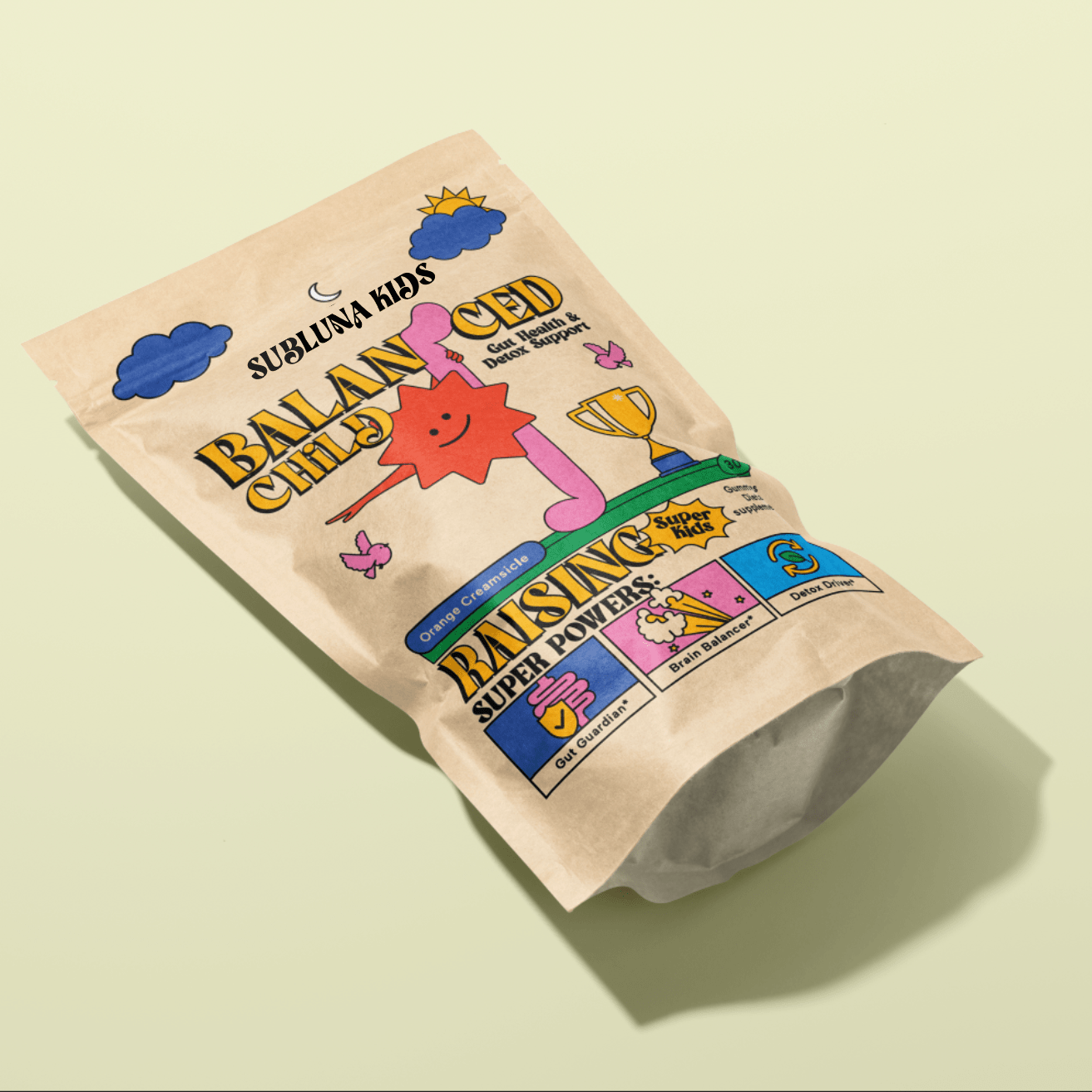 Angled pouch of Subluna Balanced Child gummies showing front design for kids gut health and detox support in Australia.
