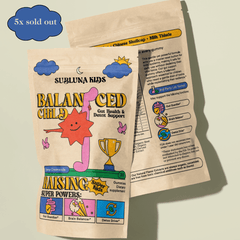 Front pouch of Subluna Balanced Child gummies for kids gut health and detox support, available in Australia.