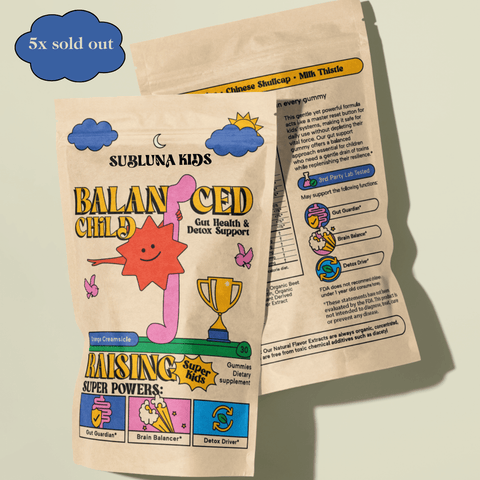 Front pouch of Subluna Balanced Child gummies for kids gut health and detox support, available in Australia.