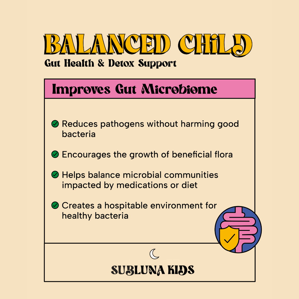 Subluna Balanced Child gummies info card highlighting gut microbiome and flora balance support in Australia.