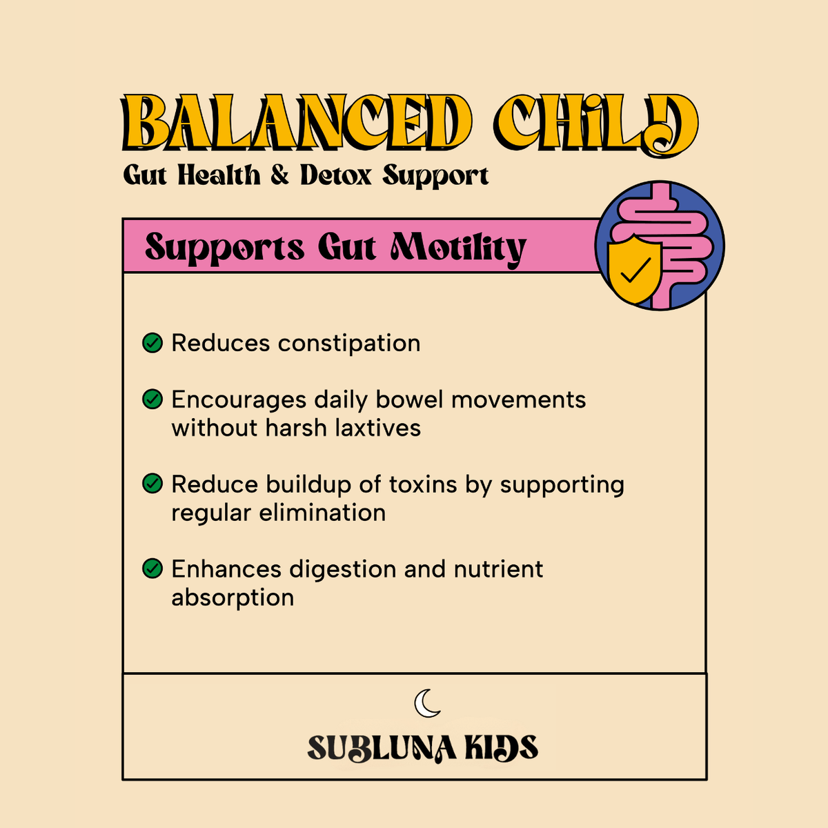 Subluna Balanced Child gummies info card showing gut motility and digestion support, available in Australia.