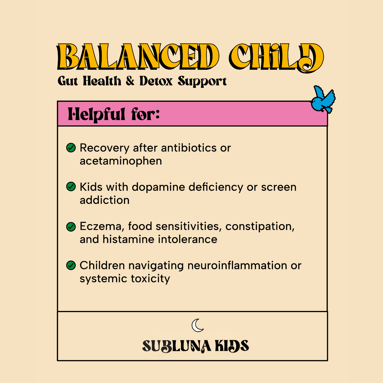 Subluna Balanced Child gummies info card listing common uses for kids gut and detox support in Australia.