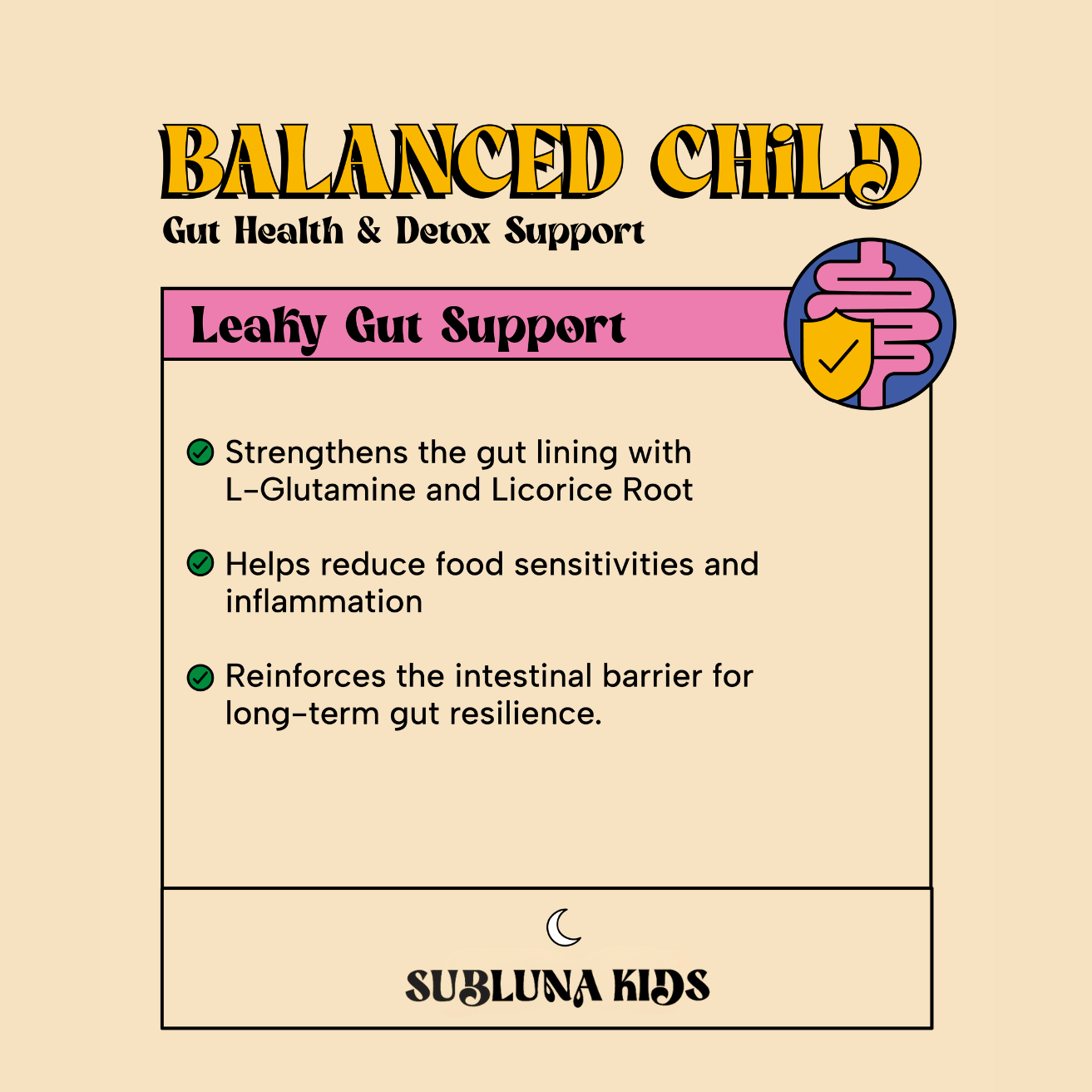 Subluna Balanced Child gummies info card showing gut lining and leaky gut resilience support in Australia.
