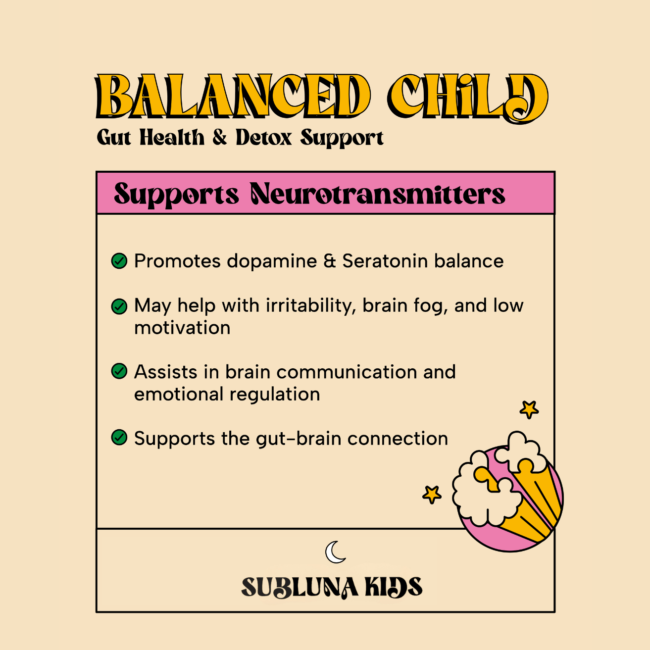 Subluna Balanced Child gummies info card showing neurotransmitter and gut-brain support in Australia.