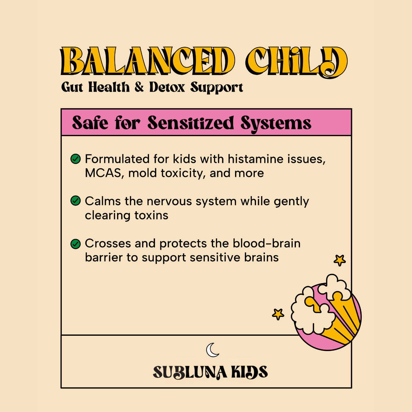 Subluna Balanced Child gummies info card highlighting safe support for sensitised systems in Australia.