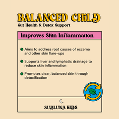 Subluna Balanced Child gummies info card highlighting clear skin and inflammation support in Australia.