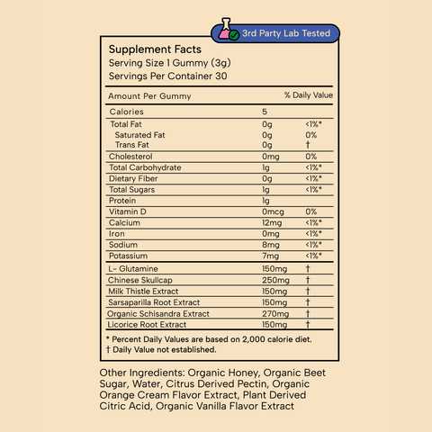 Nutrition and supplement facts for Subluna Balanced Child gummies kids gut health and detox support in Australia.