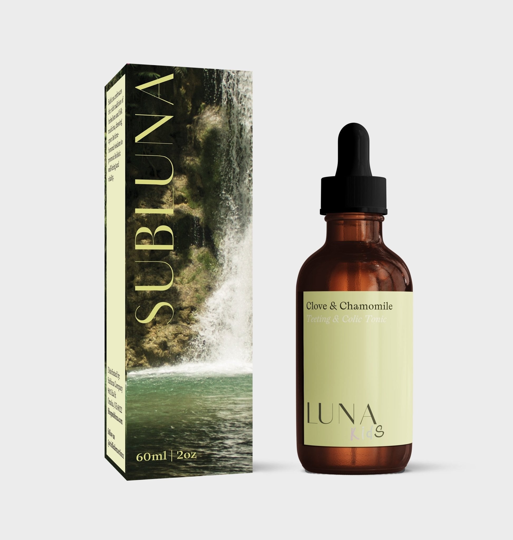 Image of Subluna Clove & Chamomile Teething & Colic Drops bottle and box, available at Born Primal for natural infant relief in Australia