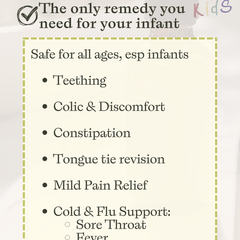 Graphic showing uses for Subluna Clove & Chamomile drops including teething, colic, and cold relief for babies, available at Born Primal in Australia