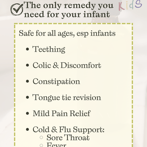 Graphic showing uses for Subluna Clove & Chamomile drops including teething, colic, and cold relief for babies, available at Born Primal in Australia