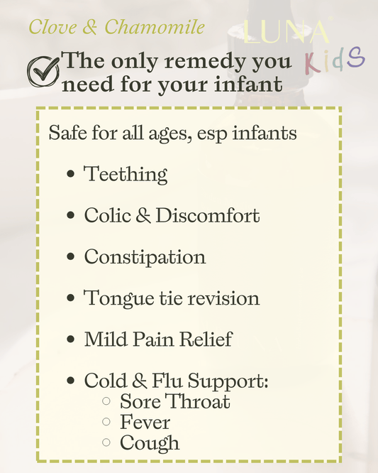 Graphic showing uses for Subluna Clove & Chamomile drops including teething, colic, and cold relief for babies, available at Born Primal in Australia