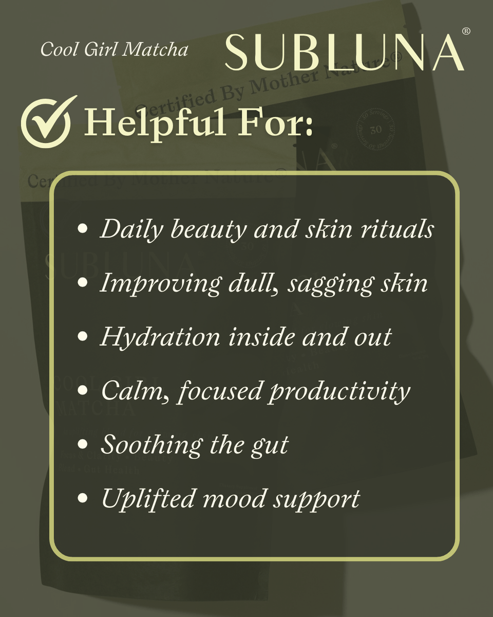 Graphic showing Subluna Cool Girl Matcha supports skin, mood, productivity, and hydration, from Born Primal in Australia