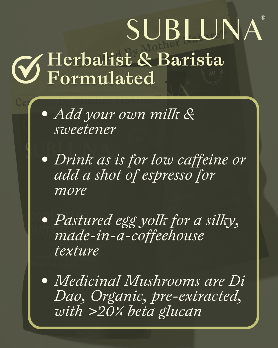 Graphic highlighting Subluna Cool Girl Matcha’s formulation with egg yolk, espresso-friendly, and Di Dao mushrooms, available at Born Primal in Australia