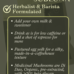 Graphic highlighting Subluna Cool Girl Matcha’s formulation with egg yolk, espresso-friendly, and Di Dao mushrooms, available at Born Primal in Australia