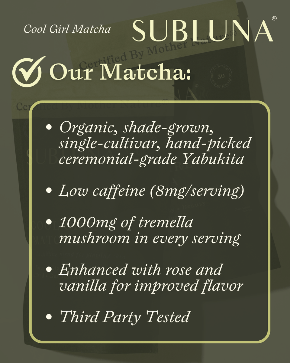 Infographic showing Subluna Cool Girl Matcha benefits including organic Yabukita matcha and tremella mushroom, available at Born Primal in Australia
