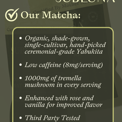 Infographic showing Subluna Cool Girl Matcha benefits including organic Yabukita matcha and tremella mushroom, available at Born Primal in Australia