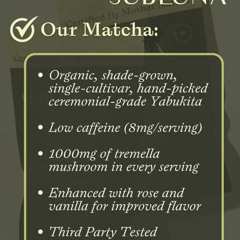 Infographic showing Subluna Cool Girl Matcha benefits including organic Yabukita matcha and tremella mushroom, available at Born Primal in Australia
