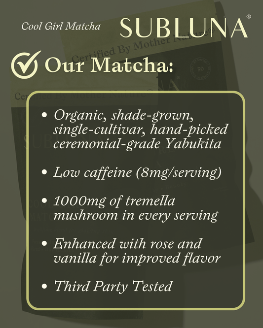 Infographic showing Subluna Cool Girl Matcha benefits including organic Yabukita matcha and tremella mushroom, available at Born Primal in Australia