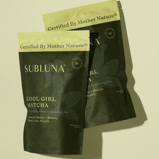 Front view of Subluna Cool Girl Matcha pouch packaging, available to buy from Born Primal in Australia