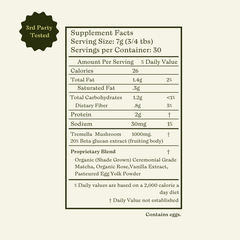 Supplement facts panel of Subluna Cool Girl Matcha showing tremella dosage, matcha blend, and nutritional content