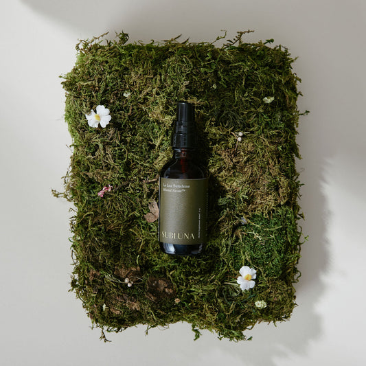 Photo of Subluna GAZE Mineral Nectar spray bottle for natural eye support, featured on moss at Born Primal in Australia