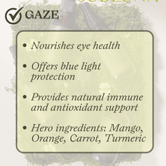 Graphic showing Subluna GAZE Mineral Nectar benefits including eye nourishment, blue light protection, and antioxidant support, available at Born Primal in Australia
