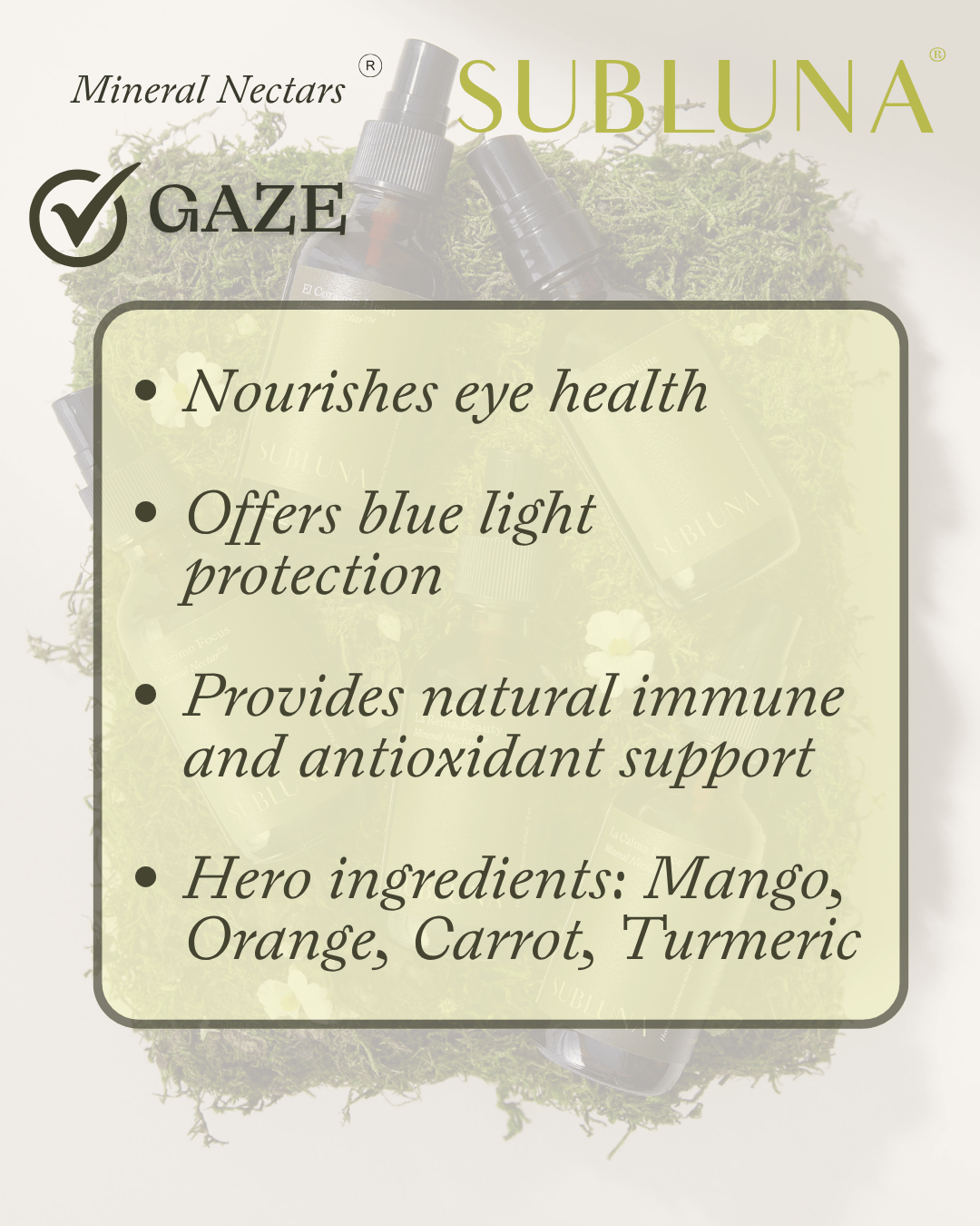 Graphic showing Subluna GAZE Mineral Nectar benefits including eye nourishment, blue light protection, and antioxidant support, available at Born Primal in Australia