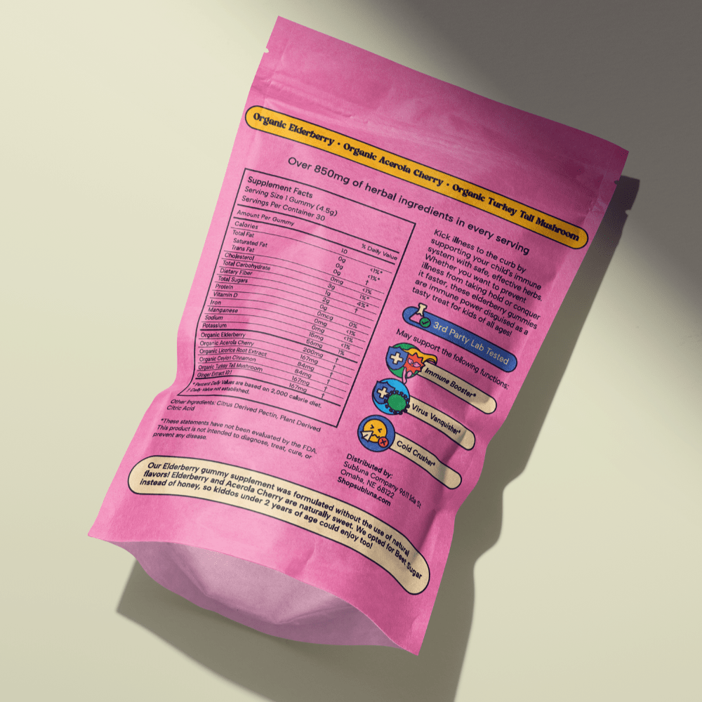 Back label of Subluna Healthy Child Gummy showing herbal ingredients and supplement facts. Buy Subluna in Australia from Born Primal with free express shipping.