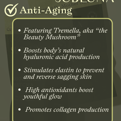 Subluna Cool Girl Matcha graphic explaining tremella’s anti-aging and collagen-boosting benefits, now in stock at Born Primal Australia