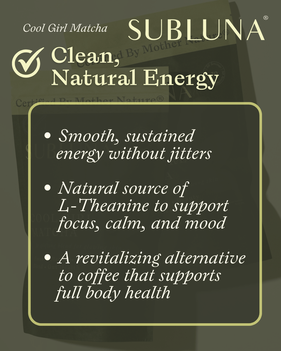 Cool Girl Matcha graphic showing benefits for clean energy and mood support from L-theanine and low caffeine, available from Born Primal Australia