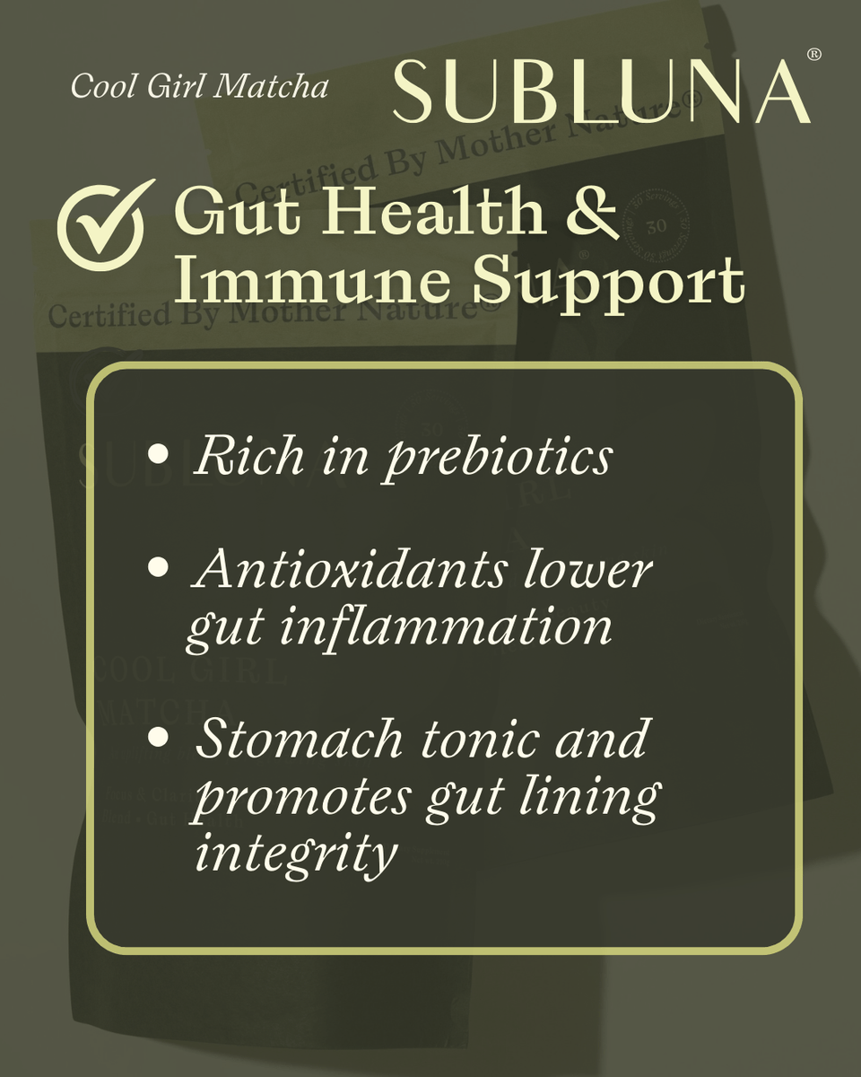 Graphic showing Subluna Cool Girl Matcha’s gut and immune support features including prebiotics and gut lining integrity