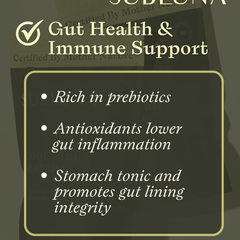 Graphic showing Subluna Cool Girl Matcha’s gut and immune support features including prebiotics and gut lining integrity