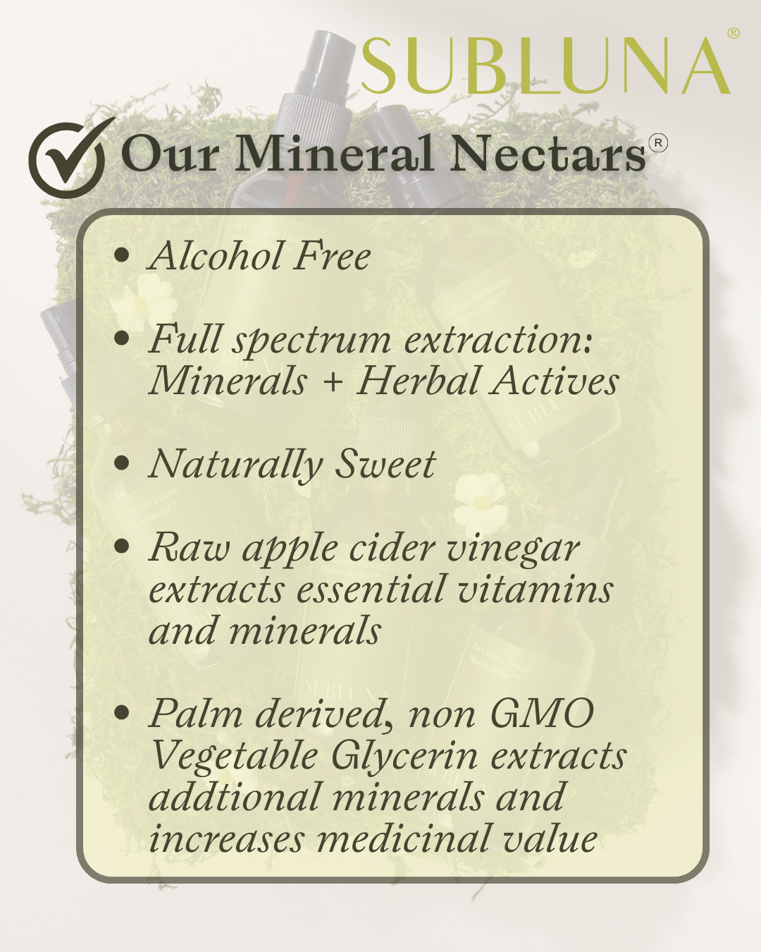 Infographic explaining Subluna Mineral Nectars extraction and formulation process, highlighting alcohol-free and full-spectrum mineral support from Born Primal in Australia